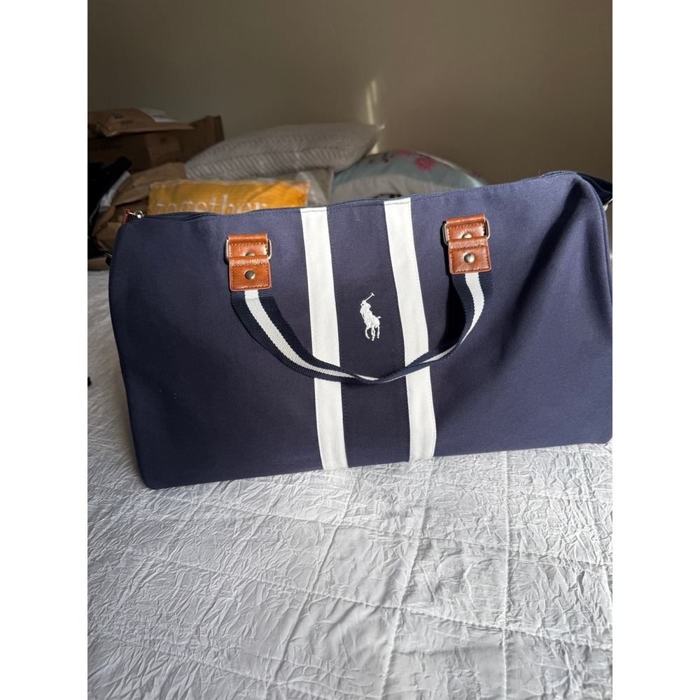 Polo Ralph Lauren Navy Blue Canvas Duffle Bag White Stripe Weekender Travel Bag